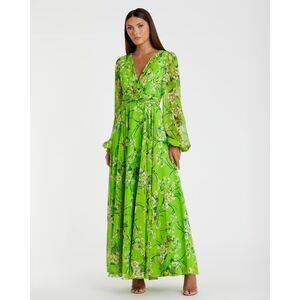 NWT Ieena for Mac Duggal Puff Sleeve Floral Chiffon Maxi Dress Size 18 $398